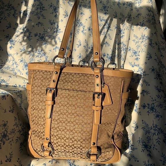 Coach Handbags - Coach Brown Signature Canvas Tote with Tan Leather Trim